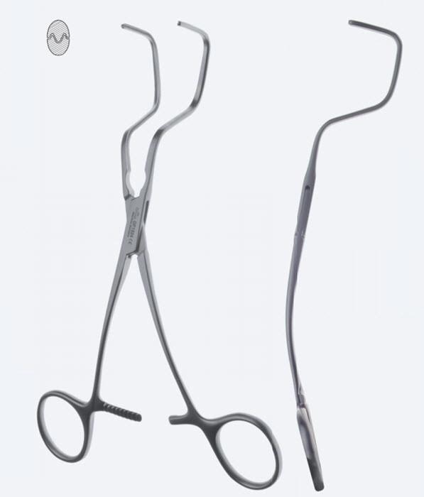 Зажими судинні Dale, фіг. 4, зубці De Bakey, з виг ручк, вигнуті, шир щелепи 27,5 мм, з кремальєрою, довж 180 мм. Бренд - Asanus Medizintechnik Gmb, Німеччина